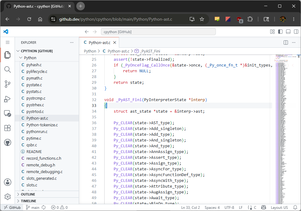 CPython file opened in github.dev, a VSCode web interface