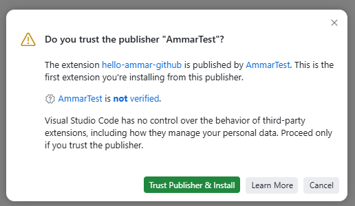 Publisher trust dialog in VSCode